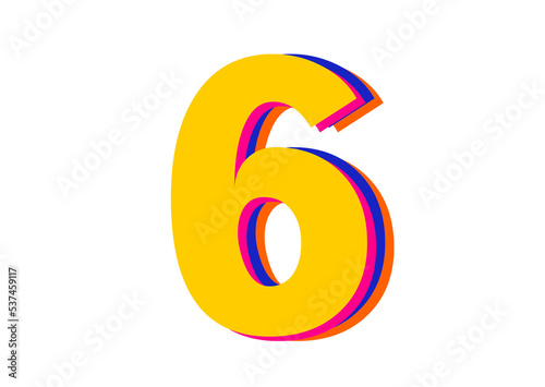 Numbers 6, Kids learning material on White Background. Isolated Easy to Cut.