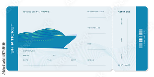 Ship ticket template in a modern style of blue colors. For cruise and travel companies, for other projects. Can be used for printing.