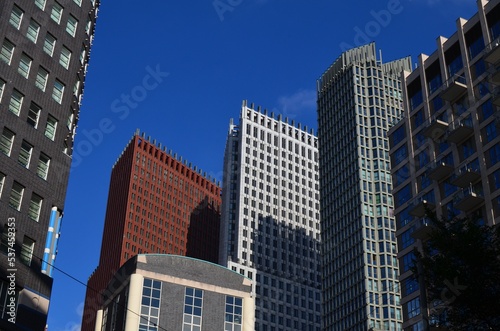 Exterior of beautiful buildings against blue sky  low angle view