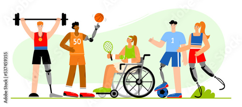 Happy athletes with disabilities. Flat vector illustration