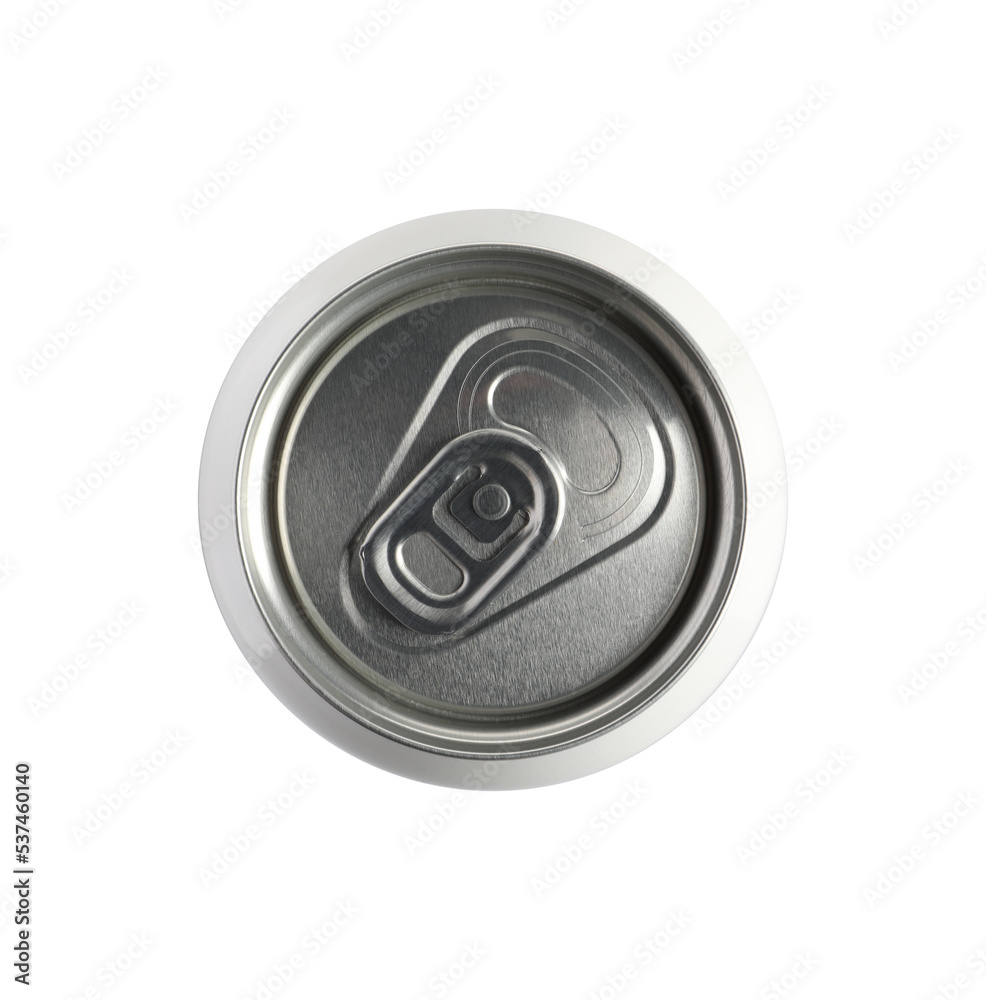 Aluminum can with drink isolated on white, top view