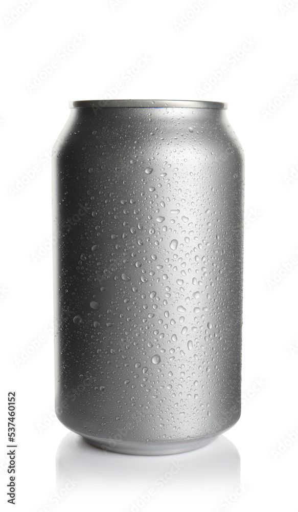Gray aluminum can with water drops isolated on white. Mockup for design Gray aluminum can with water drops isolated on white. Mockup for design