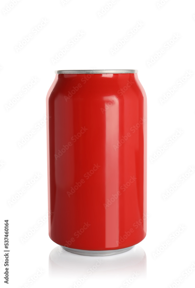 Red aluminum can with drink isolated on white