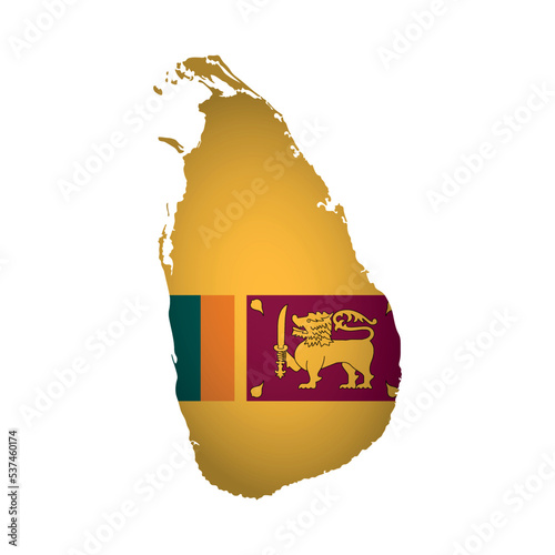 Vector isolated illustration. Official ensign on map of Sri Lanka. National flag with golden lion on colorful background. Creative design in polygonal style with triangular shapes