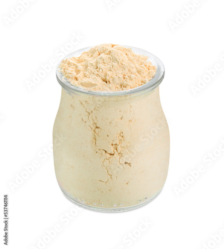 Lentil flour in glass jar isolated on white