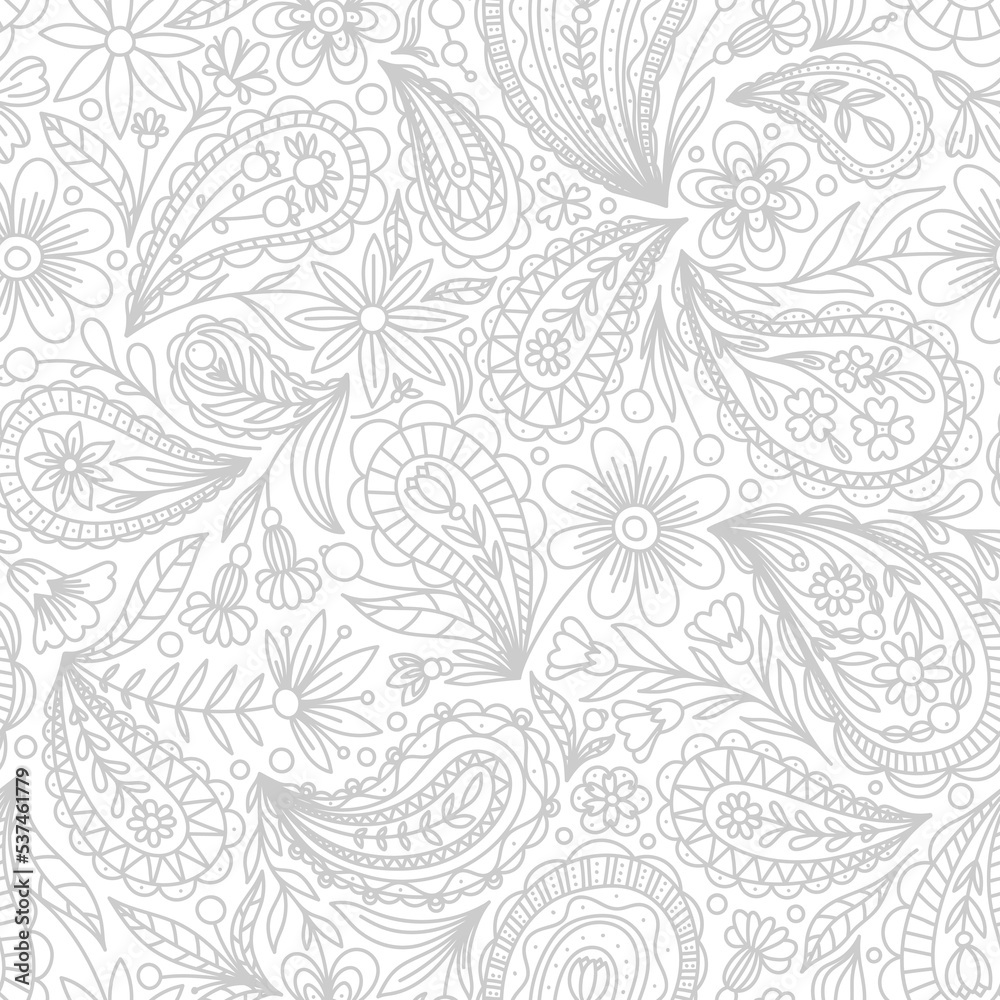WHITE VECTOR SEAMLESS BACKGROUND WITH GRAY PAISLEY CONTOUR PATTERN