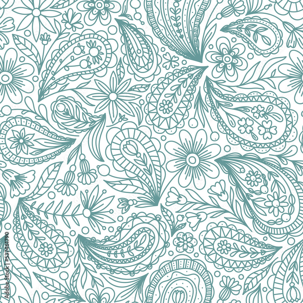 WHITE VECTOR SEAMLESS BACKGROUND WITH GREEN PAISLEY CONTOUR PATTERN WHITE VECTOR SEAMLESS BACKGROUND WITH GREEN PAISLEY CONTOUR PATTERN