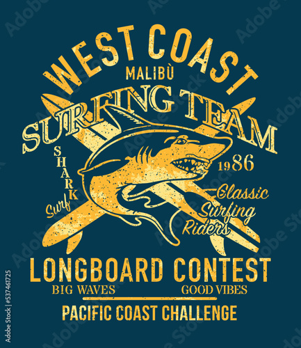 West Coast longboard surfing shark team vector print for boy t shirt grunge effect in separate layers