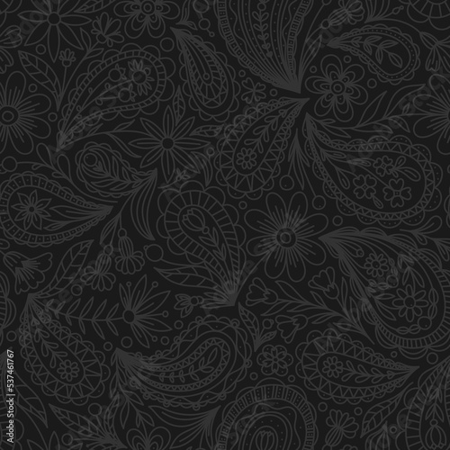 BLACK VECTOR SEAMLESS BACKGROUND WITH GRAY PAISLEY CONTOUR PATTERN