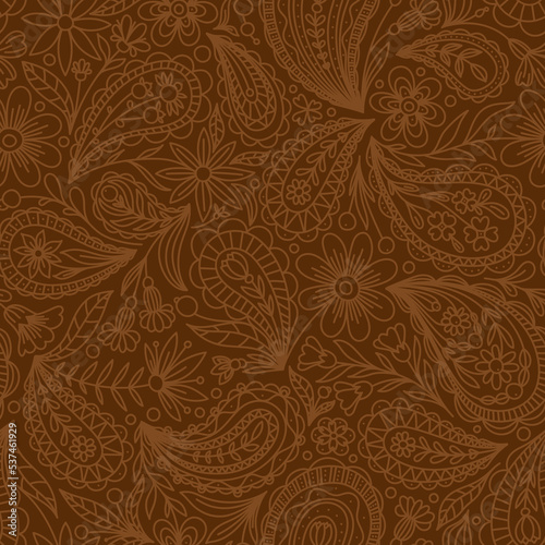 MUSTARD VECTOR SEAMLESS BACKGROUND WITH BEIGE PAISLEY CONTOUR PATTERN