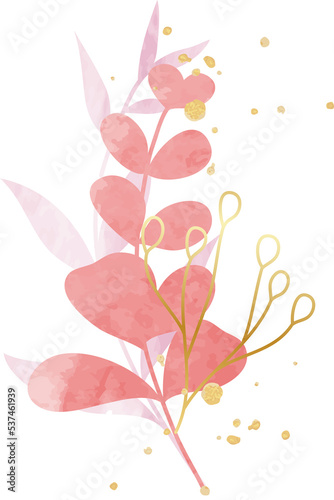 Gold leaf branch red watercolor illustration