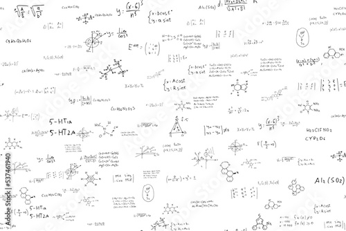 Mathematics, chemistry, physics. hand-drawn. scientific, educational expressions and equations.