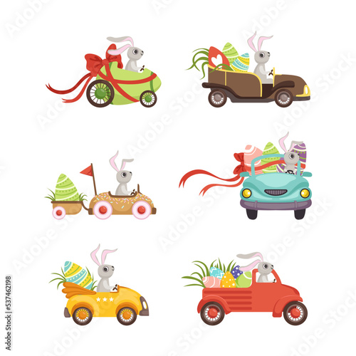 Cute Hare with Long Ears Driving Retro Car Carrying olored Easter Eggs Vector Set