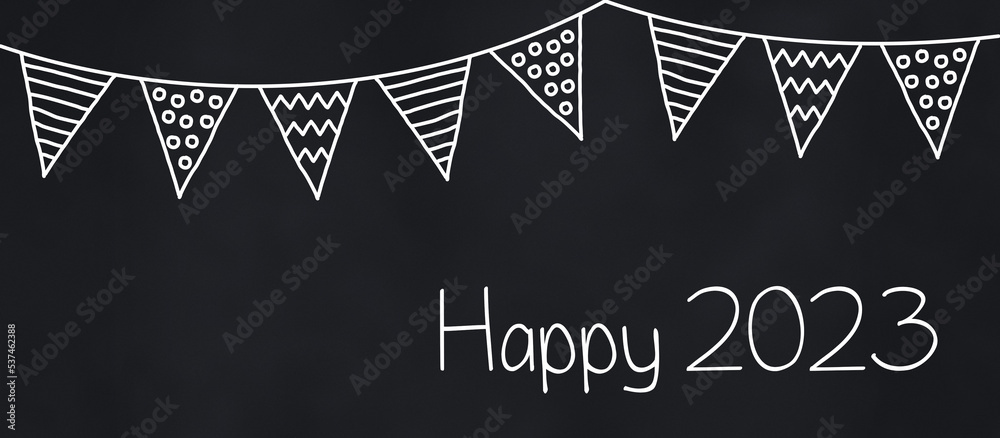 happy 2023 wimpelkette tafel banner - obrazy, fototapety, plakaty 