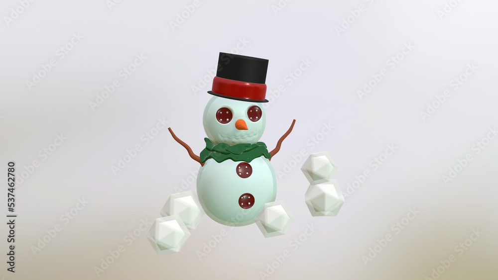 snowman with red hat, green scarf and carrot on snow illustration 3D