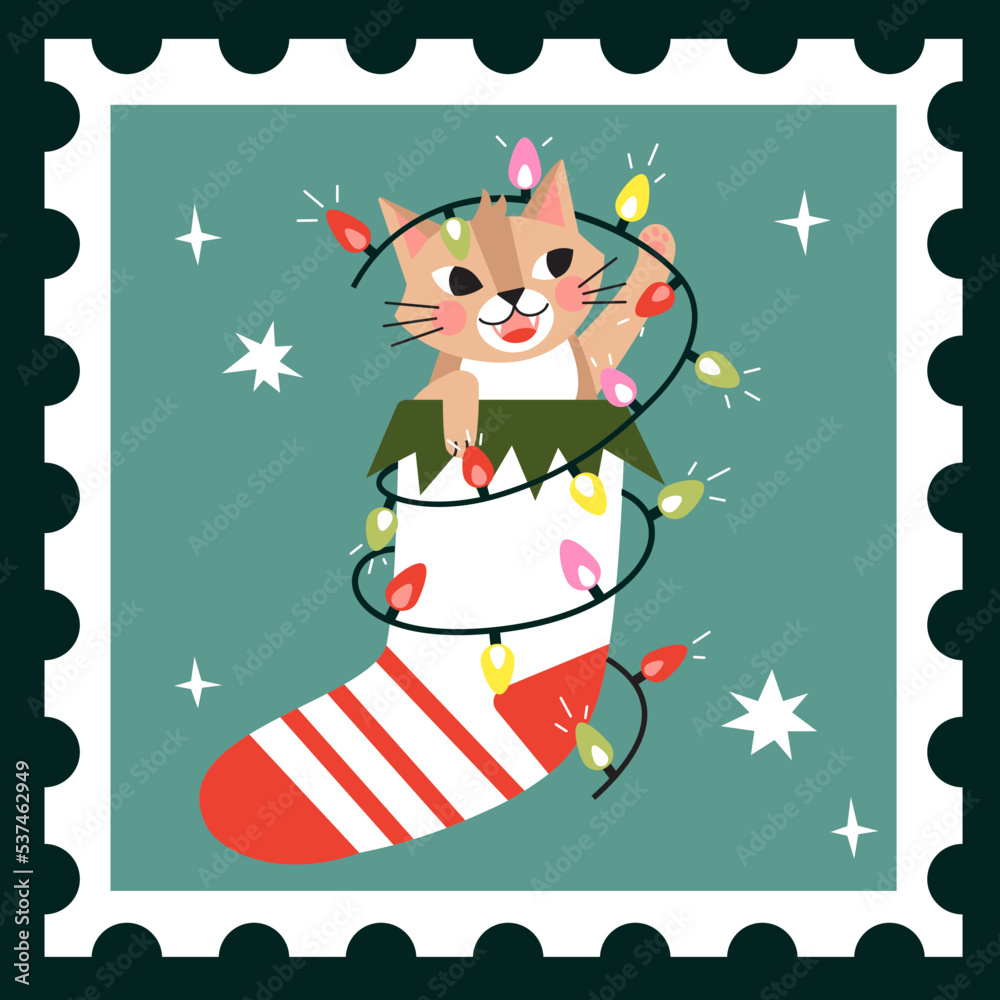 Naklejka premium Christmas card illustration with cat and lights in sock