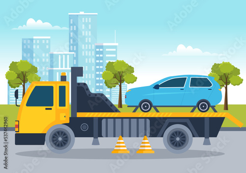 Auto Towing Car Using a Truck with Roadside Assistance Service in Template Hand Drawn Cartoon Flat Background Illustration