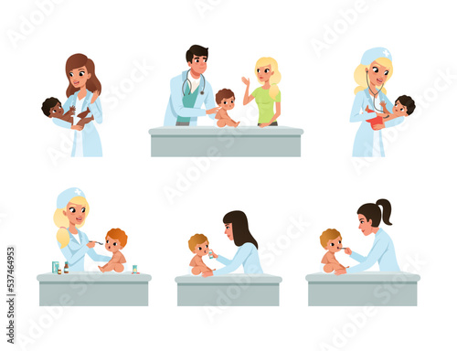 Man and Woman Pediatrician or Medical Doctor Performing Baby Checkup and Examination Vector Set
