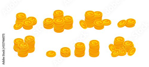Vector Isometric gold coins with euro sign stack set. 3d pile of golden money cash symbol collection isolated on white. Banking, business, financial European currency concept for web, app, infographic