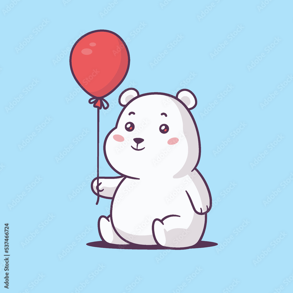 Fototapeta premium Cute kawaii baby polar bear cub holding a red balloon vector cartoon illustration