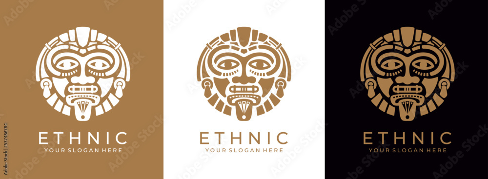 Ethnic mask logo. Aztec and Mayan mask logo for business. Cultural vector design in a minimalistic style. Vector illustration Ethnic mask logo. Aztec and Mayan mask logo for business. Cultural vector design in a minimalistic style. Vector illustration