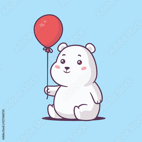 Cute kawaii baby polar bear cub holding a red balloon vector cartoon illustration