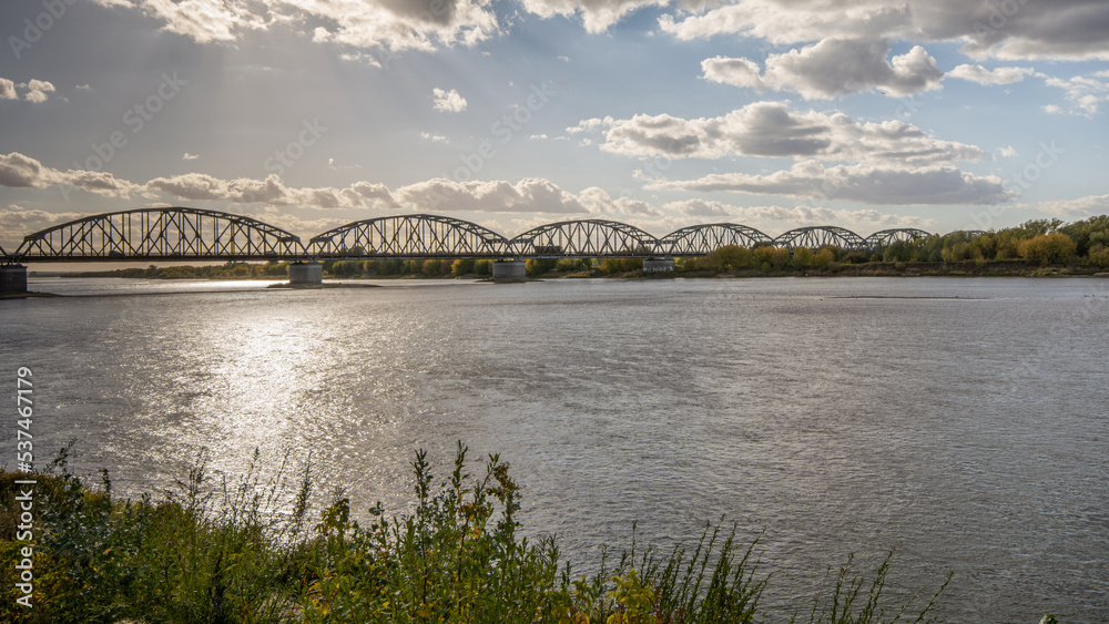 Obraz premium The city of Grudziadz - the longest road and rail bridge in Poland.