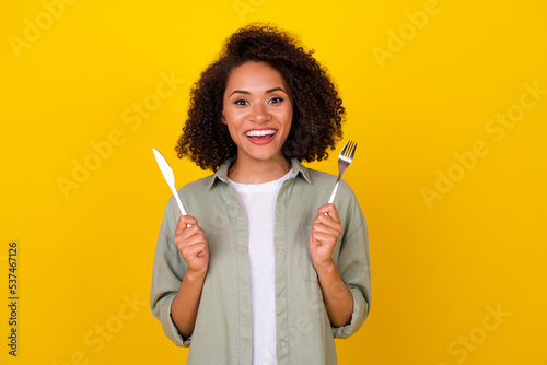Fotografia, Obraz Photo of impressed wavy young brunette lady hold knife folk wear grey shirt isol