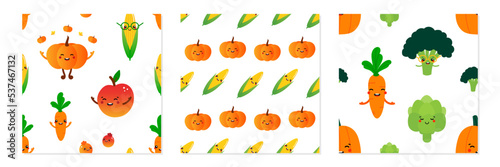 Set, collection of three vector seamless pattern backgrounds with cute pumpkin, carrot, apple, corn, broccoli, artichoke characters for autumn, fall and food design.
