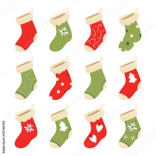 Set, collection of cute decorated christmas socks, christmas stocking, sock-shaped bag for winter holidays design.
