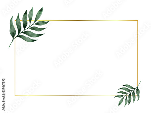Tropical green palm leaves card template. Elegant decorative floral golden frame. Good for sales, design of postcards, packaging, covers, cases and other surfaces.