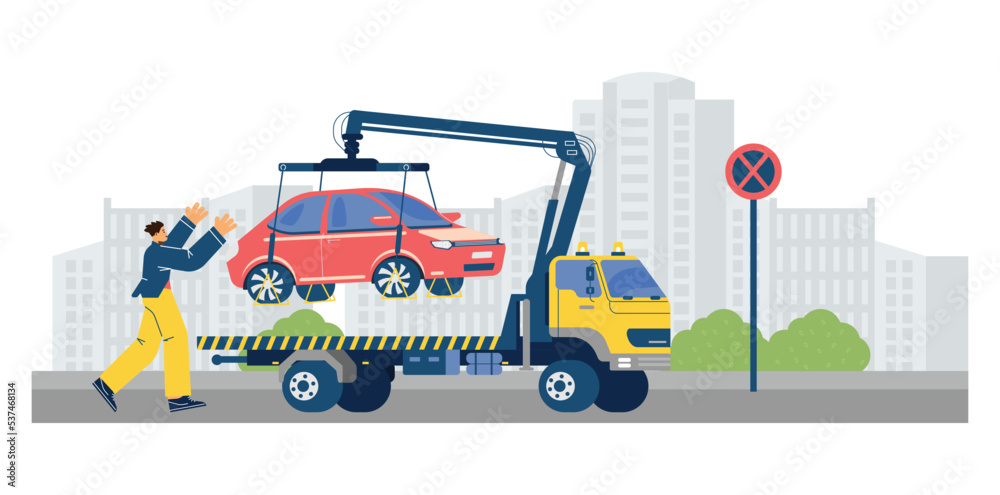 Tow truck takes the car off the road flat cartoon vector illustration.