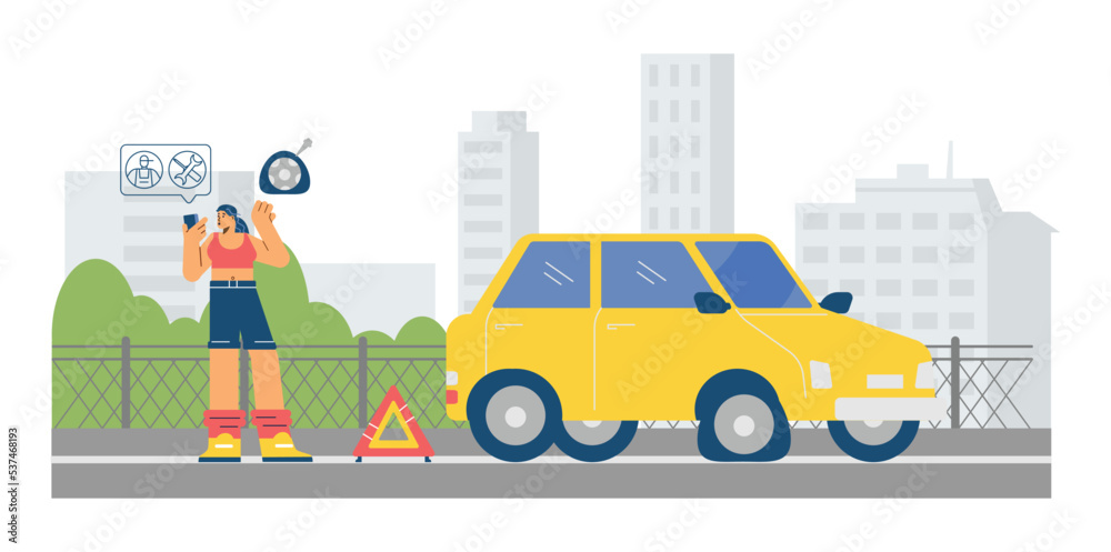 Woman calling roadside car towing services flat cartoon vector illustration.