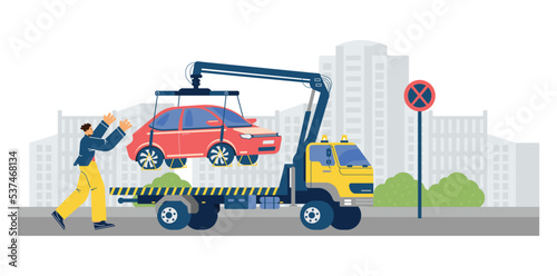 Tow truck takes the car off the road flat cartoon vector illustration.