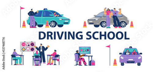Driving school banner with people characters flat vector illustration isolated.