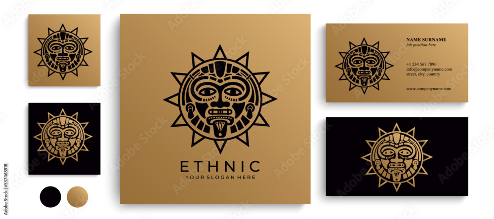 Fototapeta premium Ethnic mask logo. Aztec and Mayan mask logo for business. Cultural vector design in a minimalistic style. Vector illustration