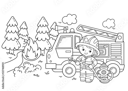 Coloring Page Outline Of cartoon fire truck with fireman or firefighter. Fire fighting. Professional transport. Coloring Book for kids.