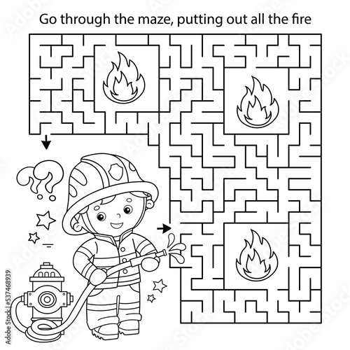 Maze or Labyrinth Game. Puzzle. Coloring Page Outline Of cartoon fireman or firefighter with  hydrant. Fire fighting. Coloring book for kids.