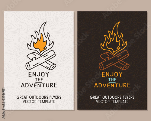 Fototapeta Naklejka Na Ścianę i Meble -  Camping flyer templates. Travel adventure posters set with line art and flat emblems and quotes - Enjoy the adventure. Summer A4 cards for outdoor parties. Stock
