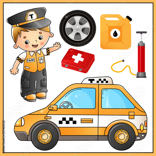 Cartoon images of taxi with driver. Road set. Car wheel and pump, canister with petrol, first aid kit and tools. Profession. Transport. Colorful vector set of illustrations for kids.