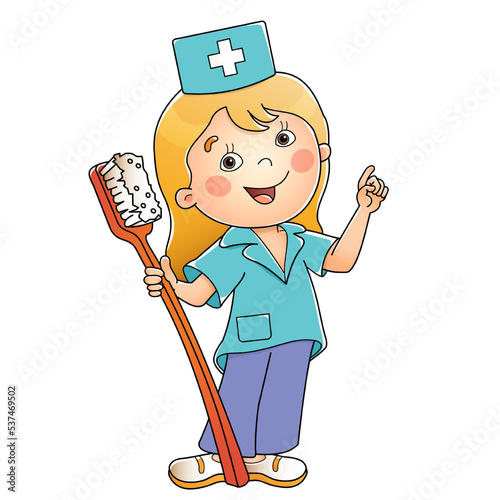 Cartoon dental doctor with toothbrush. Profession - dentist. Colorful vector illustration for kids.