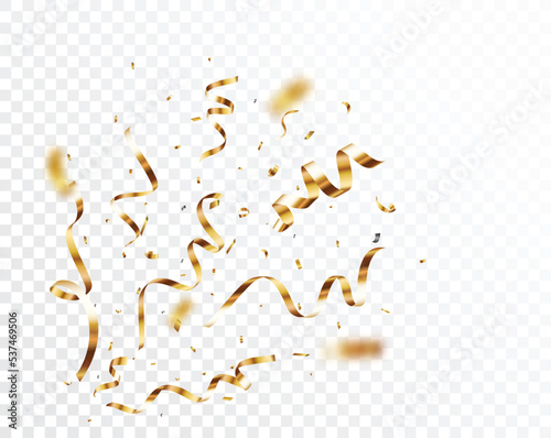 Gold confetti and ribbon background, isolated on transparent background