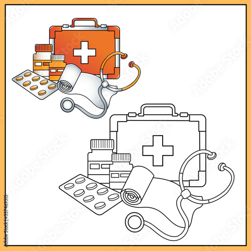 Coloring Page Outline Of first aid kit and professional instruments of doctor. Medical logo. Coloring book for kids.