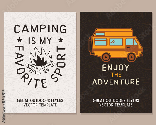 Camping flyer templates. Travel adventure posters set with line art and flat emblems RV and quotes - enjoy the adventures. Summer A4 cards for outdoor parties. Stock