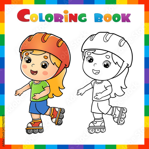 Coloring Page Outline Of cartoon girl on the roller skates. Summer activity. Coloring book for kids