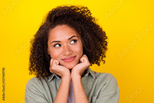 Portrait of minded lady worker dreaming about work plans look copyspace isolated shine color background