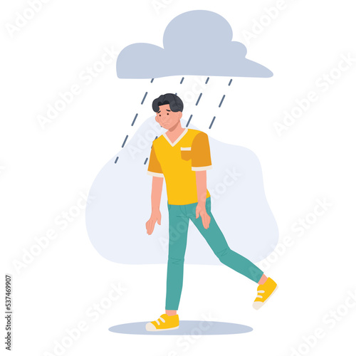 Sad man walking under the rain. Overcast weather. Emotions. Solitude concept. vector illustration