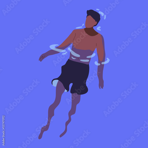 Black man in trunks floating in water. Person swimmer swimming on back, relaxing on summer vacation, above view. African-American guy in shorts at sea resort. Flat vector illustration