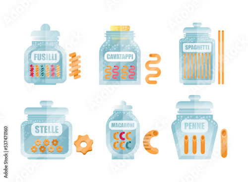 Glass Jar Filled with Dry Macaroni Product Vector Set
