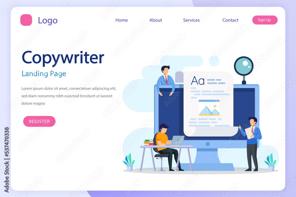 Copywriter web banner or landing page set. Idea of writing texts Flat vector Copywriter web banner or landing page set. Idea of writing texts Flat vector